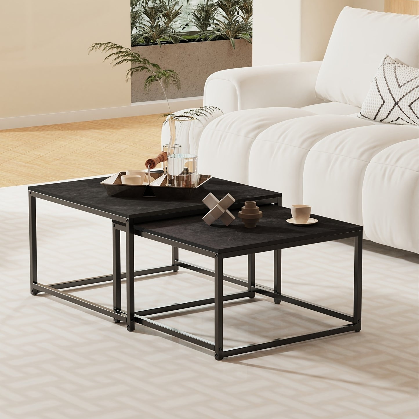 Set Of 2 Coffee Table Marble:Set Of 2 Nesting Tables Scandinavian Side Table Set For Living Room Large: 65 X 65 X 40 Cm Small: 60 X 60 X 34 Cm(Grey, White)