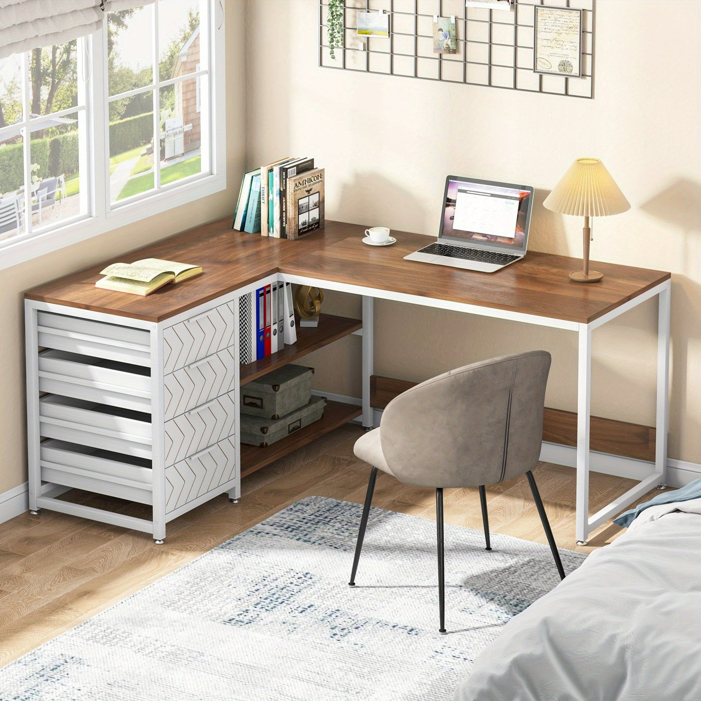 Hoekbureau – Bureau – Computertafel – Werkplek – Schrijftafel – L-vormig en omkeerbaar ontwerp – Stevig MDF met walnoot & wit