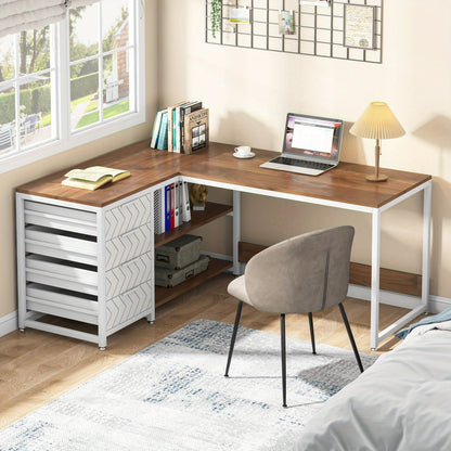 Hoekbureau – Bureau – Computertafel – Werkplek – Schrijftafel – L-vormig en omkeerbaar ontwerp – Stevig MDF met walnoot & wit