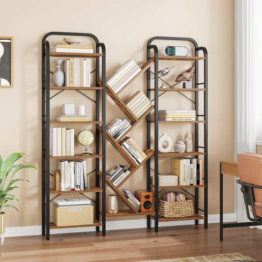 6-Tier 18-Compartment Tree-Shaped Bookshelf - Adjustable Open Shelves, Vintage Brown-Black Finish, 24x152x198, 5cm, Freestanding Floor Shelf for Study & Living Room, Durable Wood & Cork Construction, Easy Assembly, No Power N