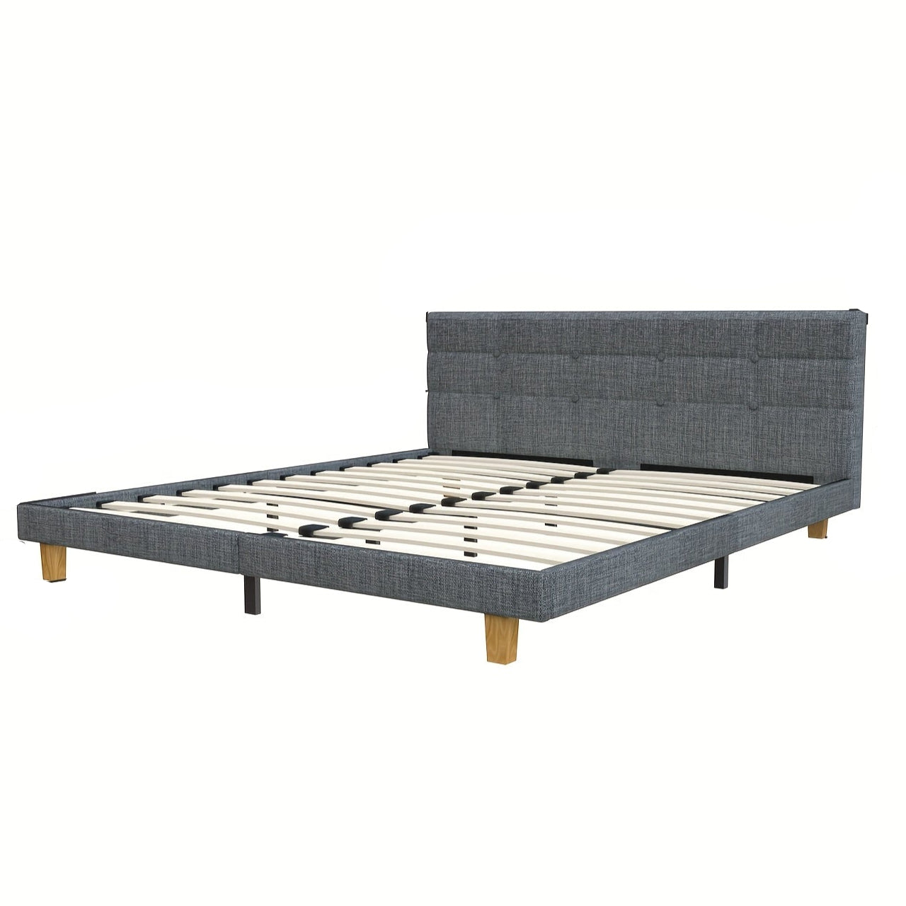 Tweepersoonsbed – Bedframe – Gestoffeerd Bed – Slaapkamerbed – Linnen Bed – 140x200 cm – Met Vierkant Doorgestikt Hoofdeind – Stevige Lattenbodem Zonder Boxspring