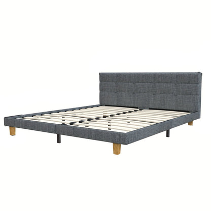 Tweepersoonsbed – Bedframe – Gestoffeerd Bed – Slaapkamerbed – Linnen Bed – 140x200 cm – Met Vierkant Doorgestikt Hoofdeind – Stevige Lattenbodem Zonder Boxspring