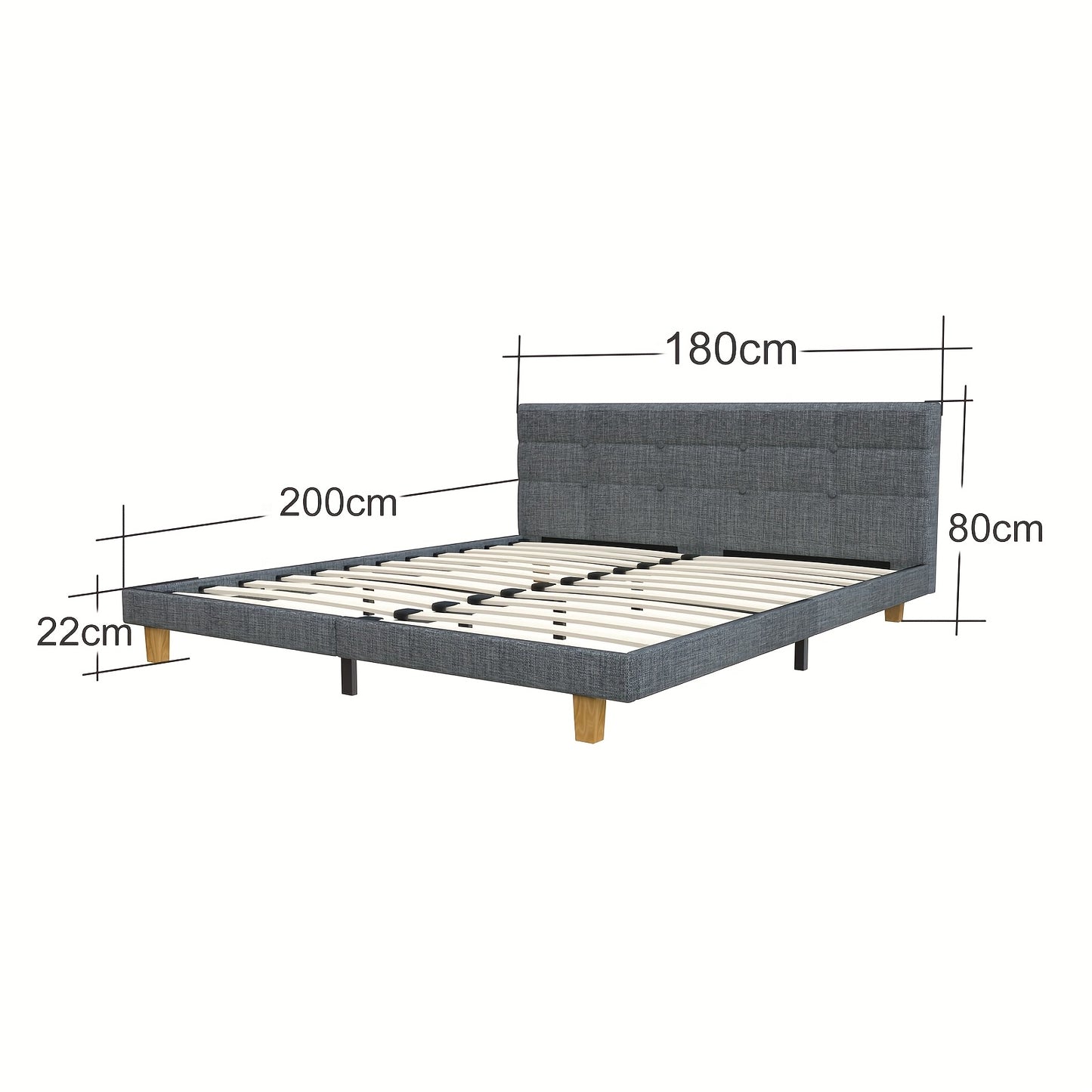 Tweepersoonsbedframe – Bedframe – Ledikant – Slaapbed – Boxspringbed – Gestoffeerd Hoofdbord – Stevig Metalen Frame – 180x200 cm – Grijze Linnenstof