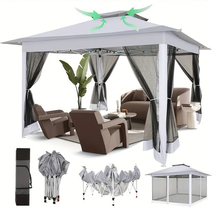 3.6*3.6m Outdoor Gazebo Pop Up Gazebo Canopy With Mosquito Netting Patio Gazebo Canopy Tent Backyard Canopy With 2-Tiered Vented Top 3 Adjustable Height And 144 Square Ft Of Shade
