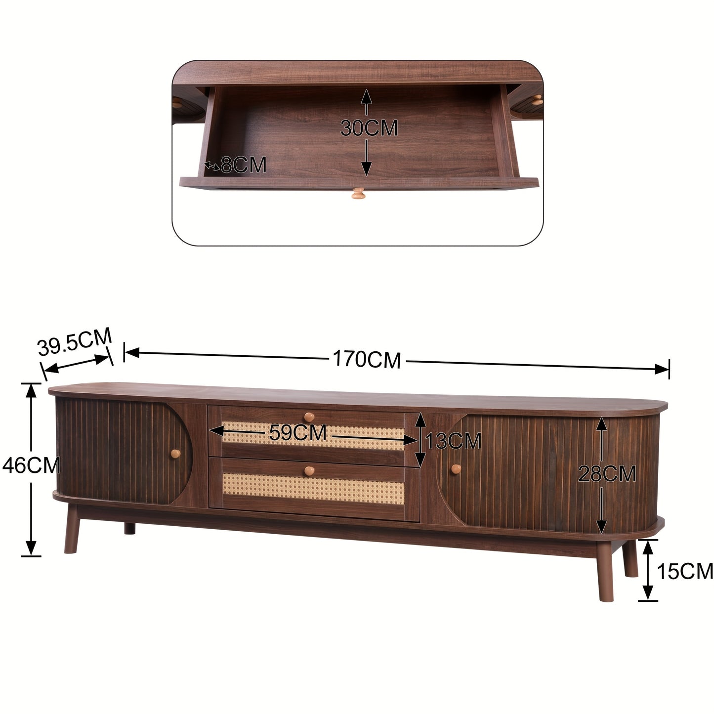 TV Cabinet - Natural Mixed Wood TV Cabinet with Doors And Drawers. TV Cabinet with Rattan Edges. Natural Country House Style