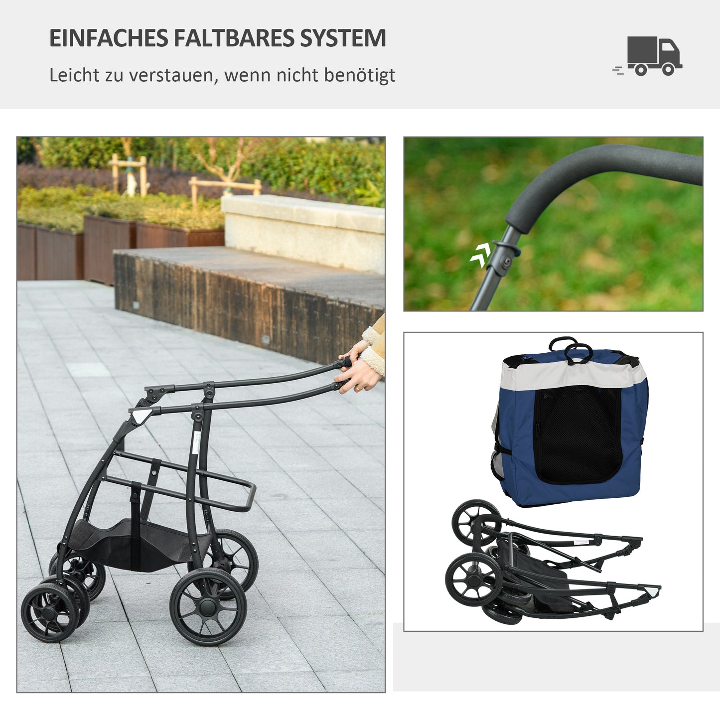 Dierenwagen – Hondenwagen – Huisdierenbuggy – Wandelwagen – Draagtas – Inklapbaar – Verstelbare Schouderband – Veiligheidsharnas – Geschikt voor Honden tot 10 kg – Stevige EVA-Wielen – Blauw