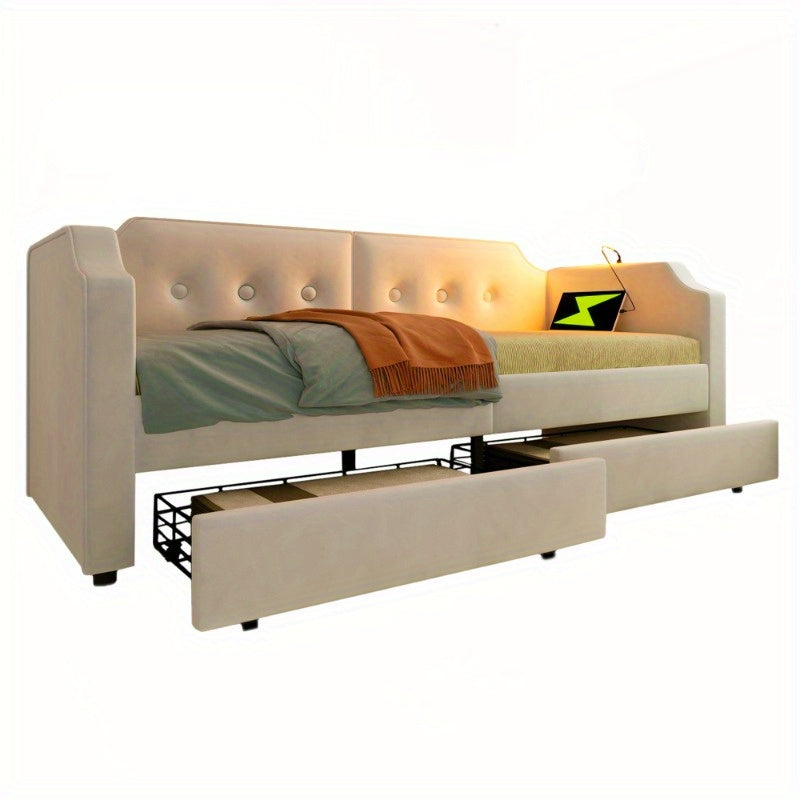 Bedbank – Slaapbank – Sofa Bed – Logeerbed – Zetelbed – 90x200 cm – Ingebouwde Leeslamp – 2 Opbergladen
