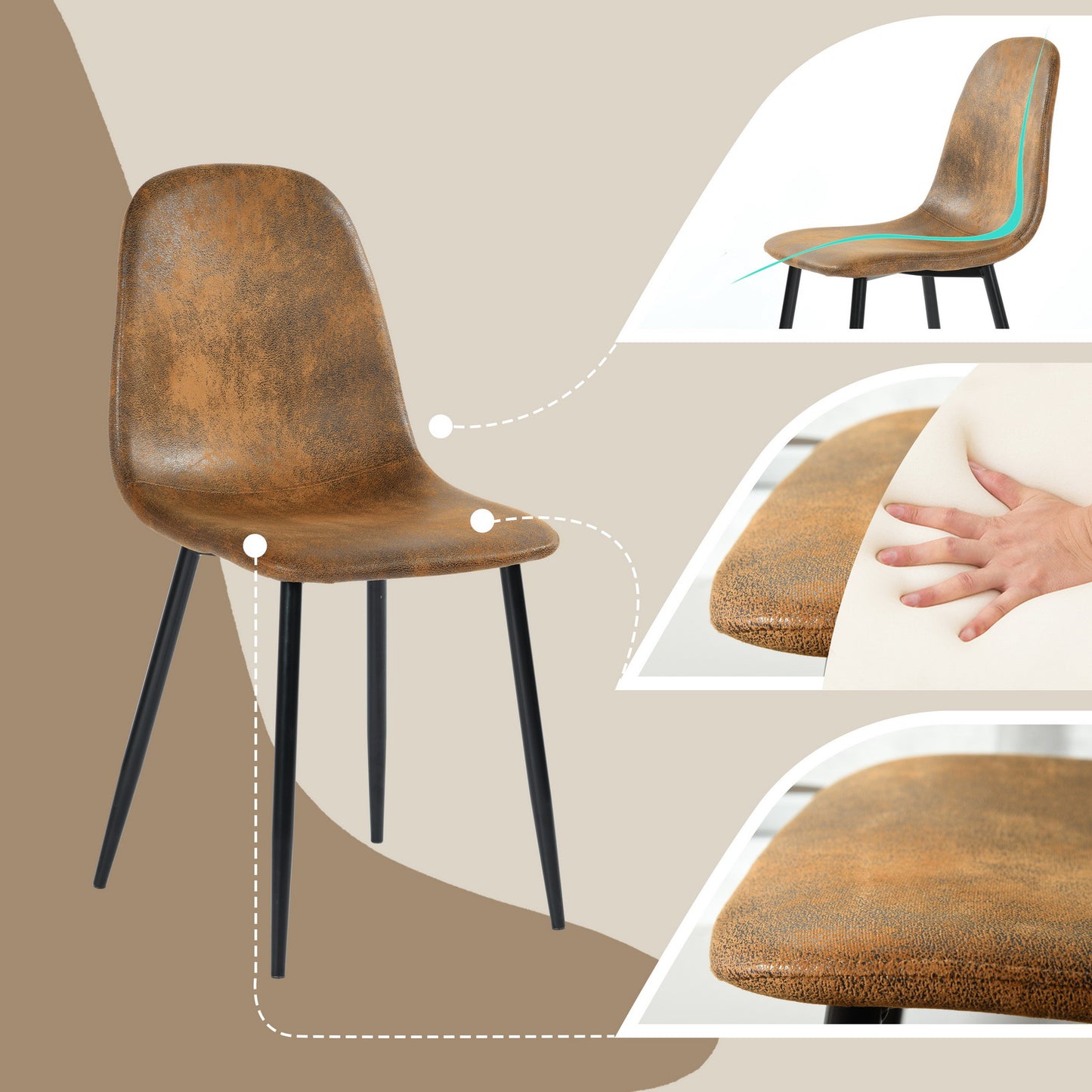 Bureaustoel – Werkstoel – Desk Chair – Office Chair – Vergaderstoel – Suède Bekleding – Ergonomische Rugleuning – Bruin – 45x54,5x86 cm – Metalen Frame – Set Van 4