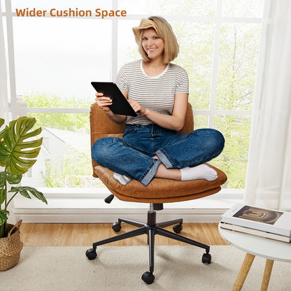 Modern Height-Adjustable Swivel Dining Chair with Memory Foam Cushioned Seat & Brown Faux Upholstery - Sturdy Metal Frame, Wide Comfortable Cross-Legged Design, Wheeled Base for Kitchen, Home Office, Breakfast Nook - Easy-Cle