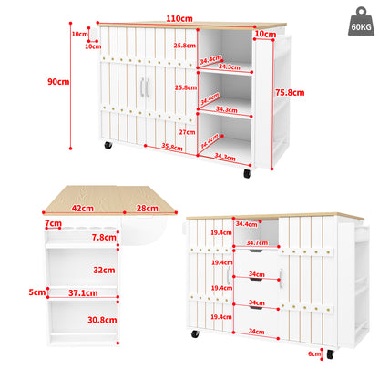Keukenwagen – Keukentrolley – Keukenkar – Keukenmeubel – Desserte – Inklapbaar Werkblad – Schuifdeuren Met 3 Lades – Wit – 110x42x90 cm – Houtlook MDF 