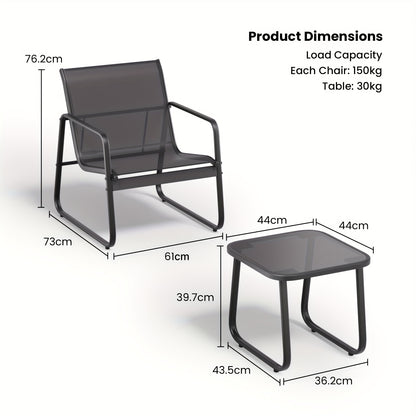 3-Delige Tuinset – Bistroset – Balkonset – Tuinmeubelset – Terrasset – Metalen Frame – Glas Tafelblad – Comfortabele Gebogen Rugleuning – Ademend Teslin Bekleding – Zwart