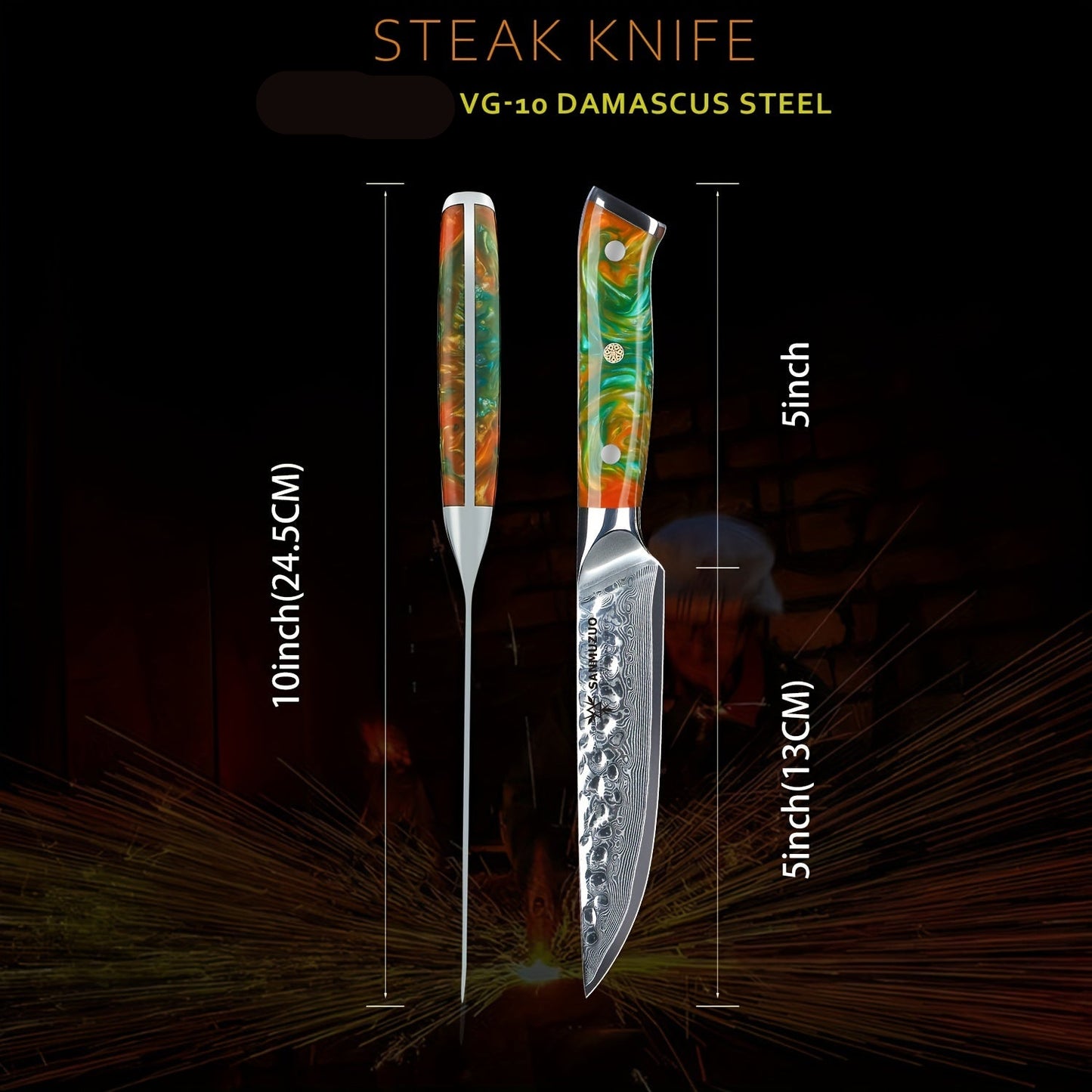 Damascus Steakmessen – Steakmessen Set – Vleesmessen – Keukenmessen – Steakmessen Oranje – Japans VG-10 Staal – 12,7 cm Lemmet