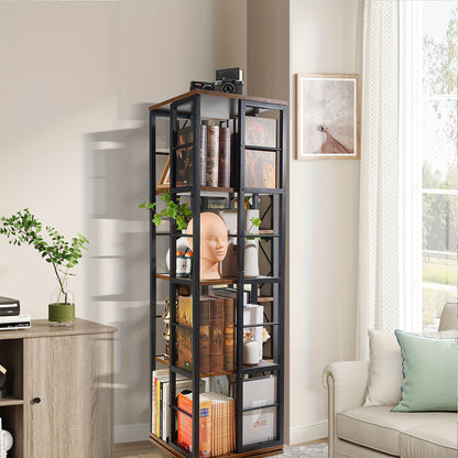 Draaibare Boekenkast – Boekenrek – Vakkenkast – Opbergkast – Plank – Zwart + Bruin – 5 Laags Met 360° Draaifunctie – Stevig MDF En Metaal – Compact En Vrijstaand Ontwerp