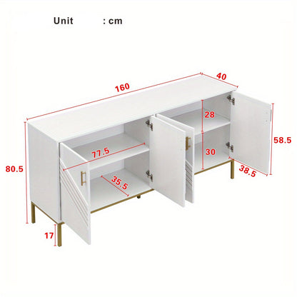 4-Deurs Kast – Dressoir – Sideboard – Opbergkast – Woonkamerkast – Wit Met Gouden Details – Verstelbare Legplanken – Ruime Opbergruimte