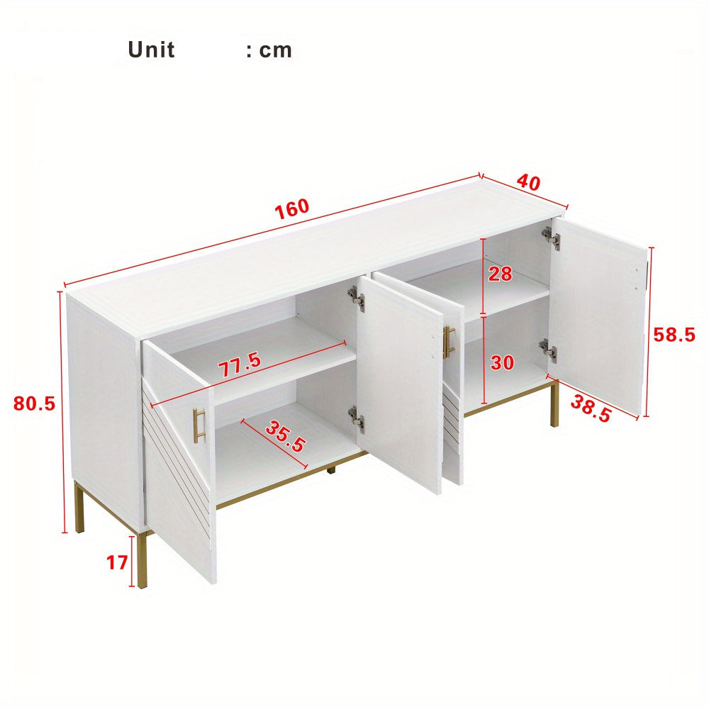 Dressoir – Sideboard – Opbergkast – Buffetkast – Wandkast – 4-Deurs Modern Design – Verstelbare Planken & 360° Draaibaar – Wit Met Gouden Metalen Frame – Grote Opbergruimte – Vloerstaand Zonder Elektriciteit