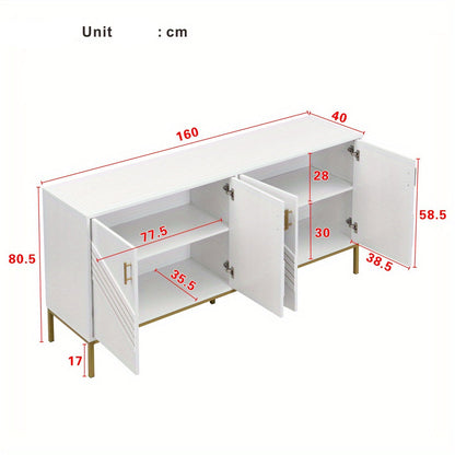 Dressoir – Sideboard – Opbergkast – Buffetkast – Wandkast – 4-Deurs Modern Design – Verstelbare Planken & 360° Draaibaar – Wit Met Gouden Metalen Frame – Grote Opbergruimte – Vloerstaand Zonder Elektriciteit