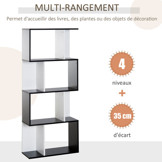 Boekenplank – Boekenrek – Wandplank – Wandkast – Opbergkast – S-vormig Design – 4 Planken – Zwart-Wit – Anti-Kantelapparaat – 60x24x148 cm