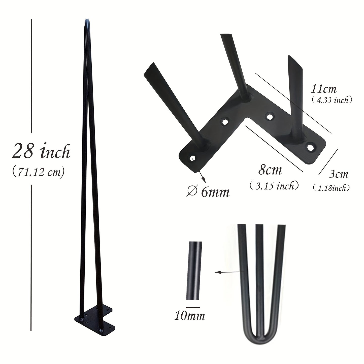 28-Inch Metal Table Legs, 71cm, Original Color/Black, Steel, Hairpin Style, Sturdy 3-Rod Design, Mid-Century Modern Furniture, Industrial Style, for Desk, Dining Table, and DIY Furniture, with Protective Caps and Screws, 4pcs