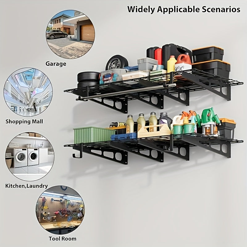 1 Steel 2-Pack Garage Storage Shelves, Heavy-Duty Steel, Storage Rack Wall Floating Shelves, Compatible with 40.64/45.72/60.96cm Wood Studs, 272.16 KG Capacity, Easy Installation with Hardware and Template, Garage Storage She
