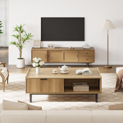 Buitenkoffietafel – Tuin tafel – Terras tafel – Balkon tafel – Salontafel – Massief hardhout – Twee opberglagen met laden