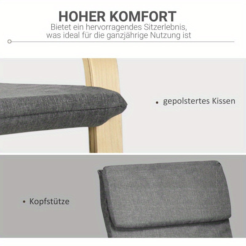 Relaxstoel – Fauteuil – Schommelstoel – Eetstoel – Lounge Chair – Donkergrijs Linnenlook – Berkenhouten Frame – Compact 66,5x80x99 cm – Met Hoofdsteun en Armleuningen
