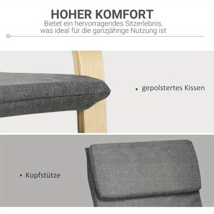 Relaxstoel – Fauteuil – Schommelstoel – Eetstoel – Lounge Chair – Donkergrijs Linnenlook – Berkenhouten Frame – Compact 66,5x80x99 cm – Met Hoofdsteun en Armleuningen
