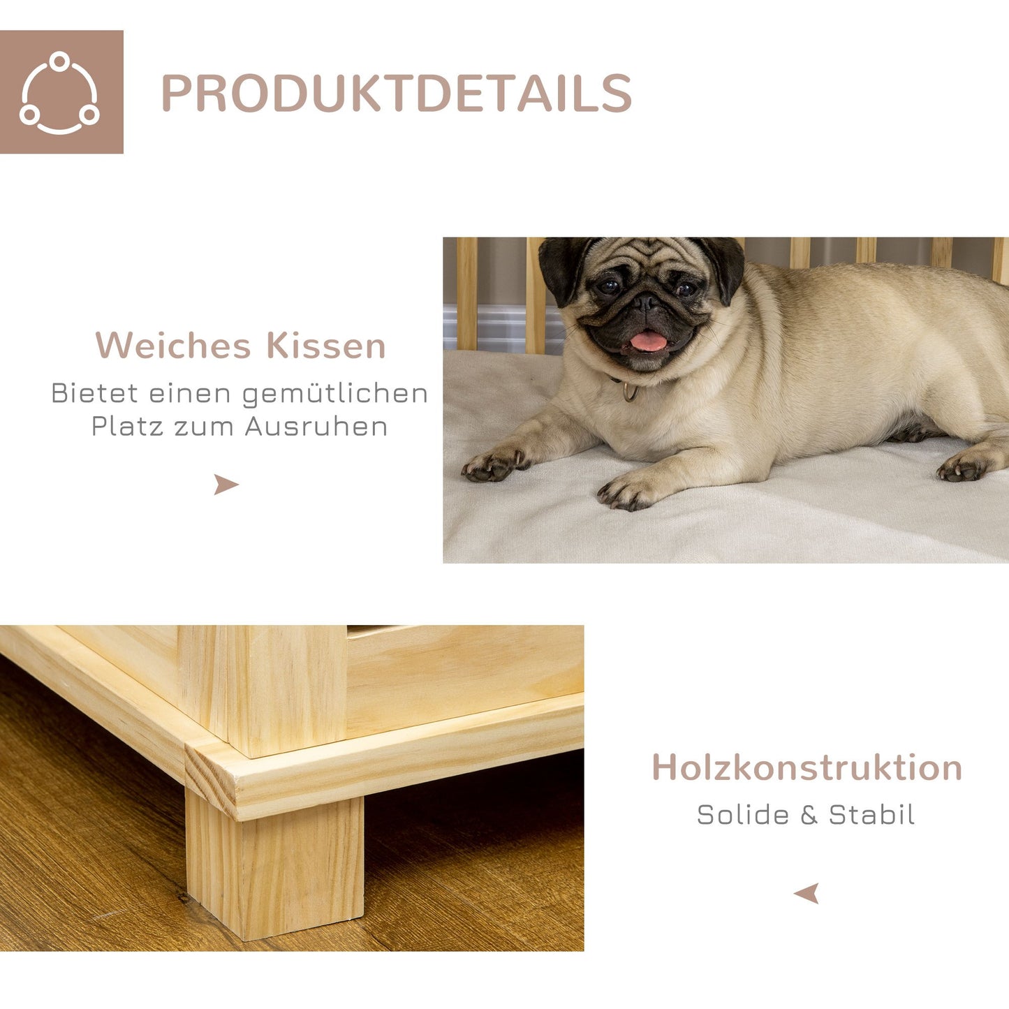 Hondenbench – Hondenkooi – Hondenhok – Dierenkooi – Hondenmand – Natuurlijk Hout – Inclusief Wasbaar Kussen – 82,5x57x72 cm