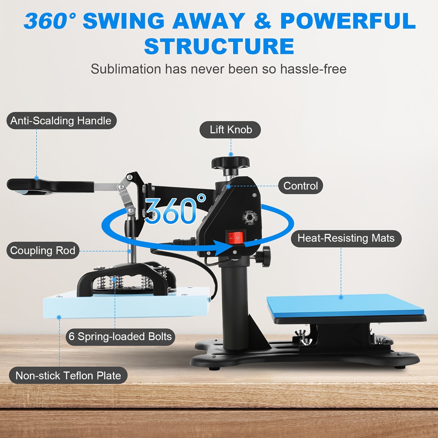 Heatpressmachine – Hittepers – Transferpers – Warmtepers – Drukpers – 30,48x25,4 cm Werkoppervlak – 360° Draaibare Swing-Away Arm – Snelle Opwarming – Digitale Temperatuurregeling tot 185°C