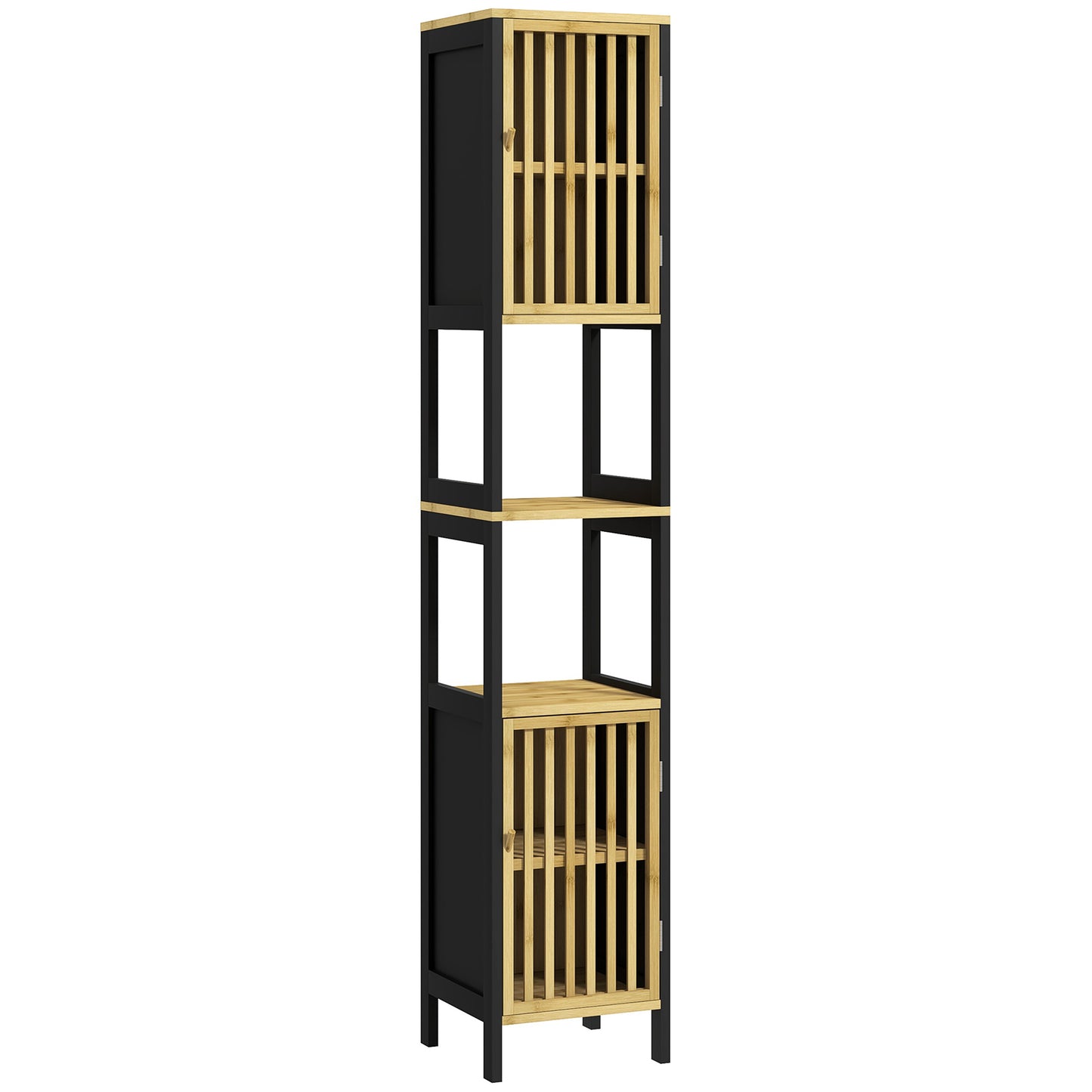 Badkamer Kolomkast – Opbergkast – Standaardkast – Badkamermeubel – Kast Met Deuren – Twee Deuren En 2 Open Niches – Compact 30x32x172 cm – Anti-Kantel Veilig