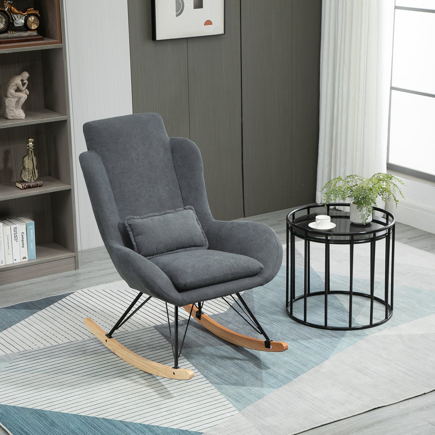 Schommelstoel – Wipstoel – Rocking Chair – Relaxstoel – Fauteuil – Hoog Dichtheid Foam Kussen – Grijs Linnen Bekleding