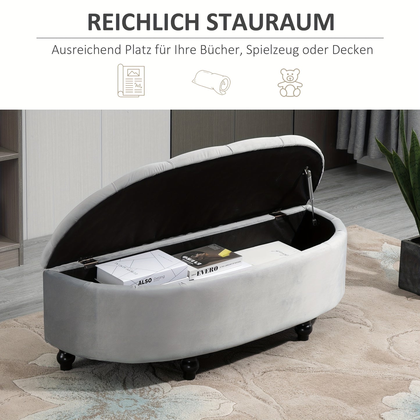 Poef – Opbergbank – Voetenbankje – Hocker – Zitkist – Fluweel Bekleed – Metalen Frame – Grijs – Met Verborgen Opbergruimte – Getufte Zitting