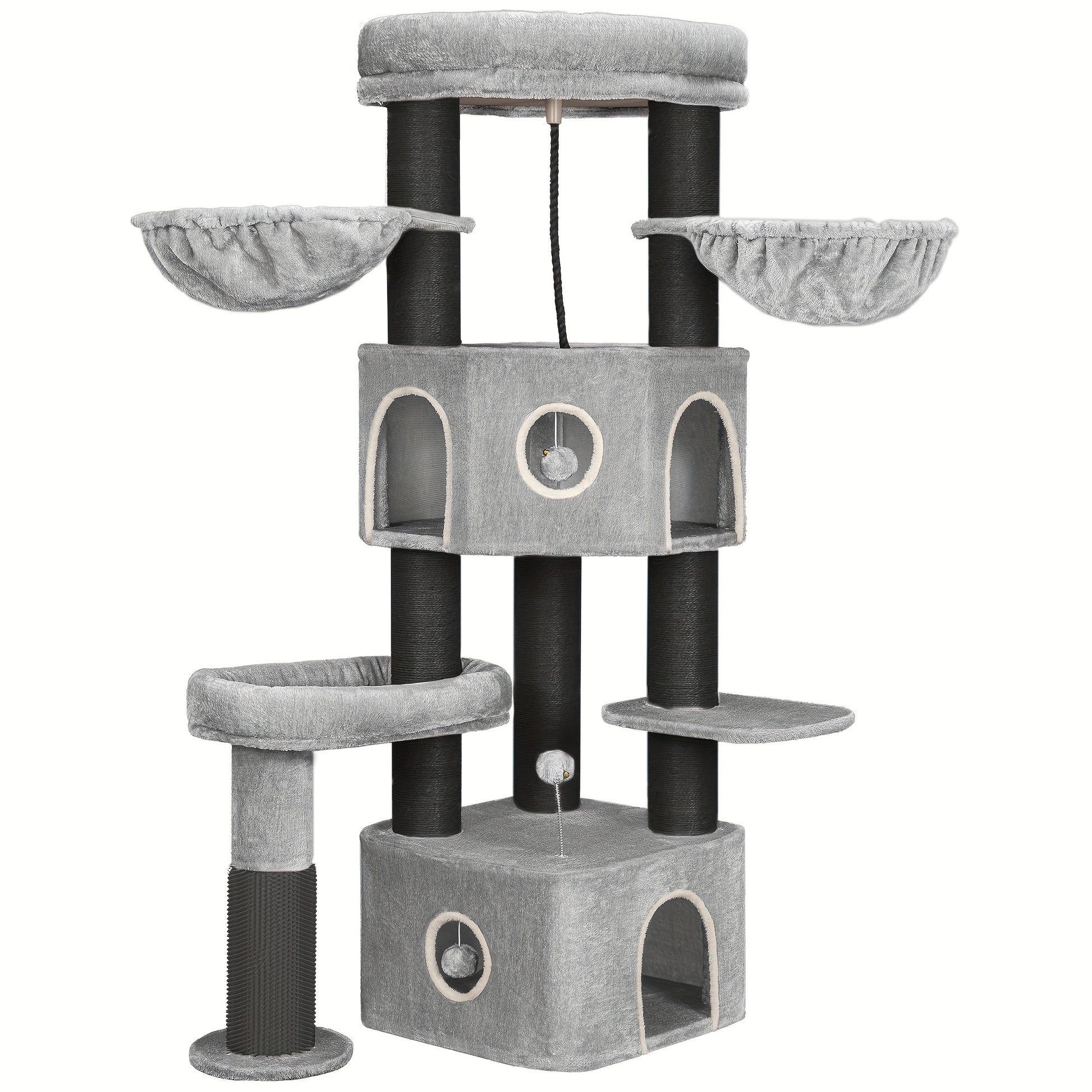 for large Cat Tree Tower for Indoor Cats - Multi-Level Cat Activity Center with Scratching Post, 3 Perches, 2 Caves, Lookout Deck & Pompom - Sturdy Cat House Furniture with Soft Cushioned Platforms, Dangling & Hanging Platfor - QUORE