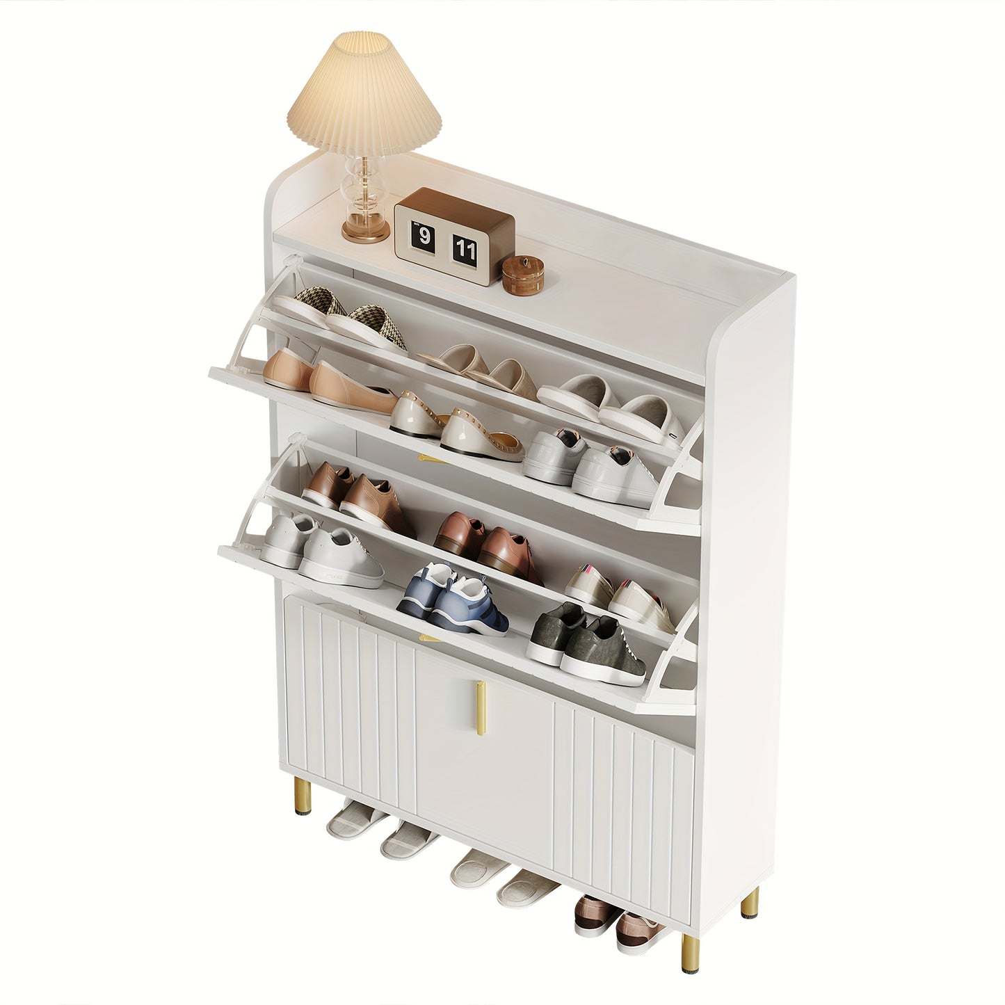 Narrow Space-Saving White Shoe Cabinet with 3-Tier Stops & 6-Compartment Shoe Rack - Adjustable -Standing Entryway Storage Unit with Anti-Tilt Device, Compact Modern Shoe Suitable for Hallway, Apartment, Small