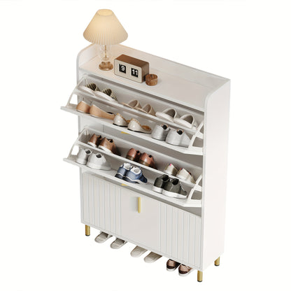 Narrow Space-Saving White Shoe Cabinet with 3-Tier Stops & 6-Compartment Shoe Rack - Adjustable -Standing Entryway Storage Unit with Anti-Tilt Device, Compact Modern Shoe Suitable for Hallway, Apartment, Small