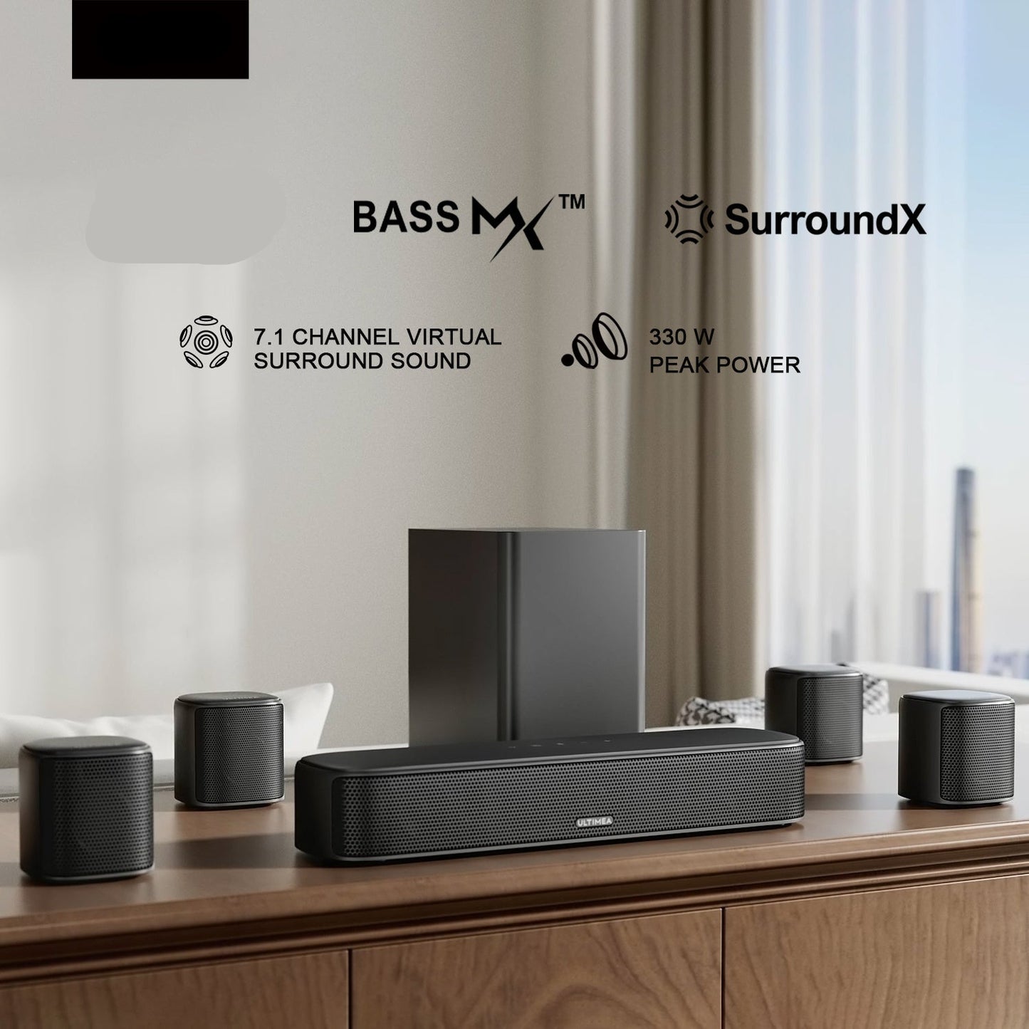 Soundbar – Surround Sound Systeem – Home Cinema Speaker – Draadloze Luidspreker – Subwoofer – 7.1 Kanaals – 330W Piekvermogen – App Bediening