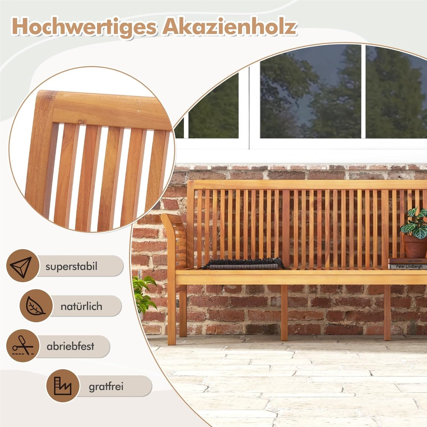 Tuinbank – Buitenbank – Houten Bank – Balkonbank – Parkbank – Acaciahout – 3-Zits – Inclusief Zitkussen – Draagvermogen 540 kg