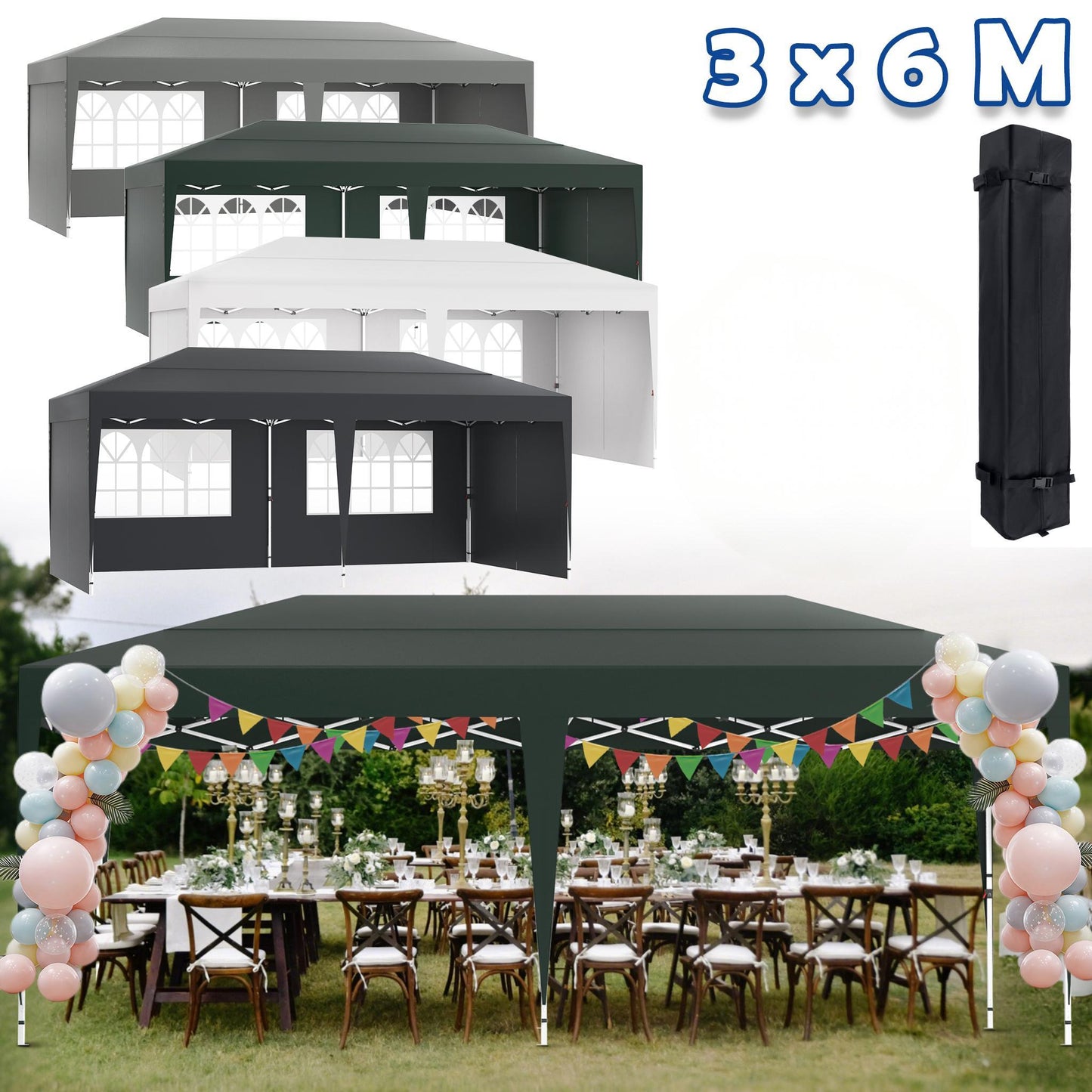 Partytent – Feesttent – Tuinent – Paviljoen – Easy Up – Verstelbare Hoogte – Waterdicht Oxford 210D Polyester Dak – Stevig Staal Frame 3x6m