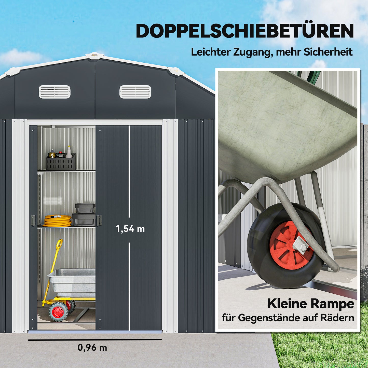 Tuinhuis – Tuinhuisopslag – Tuinhok – Berging – Schuur – Donkergrijs – Weerbestendig Kunststof – Dubbele Deuren Met Ramen – 238x132x198,5 cm