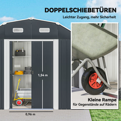 Tuinhuis – Tuinhuisopslag – Tuinhok – Berging – Schuur – Donkergrijs – Weerbestendig Kunststof – Dubbele Deuren Met Ramen – 238x132x198,5 cm