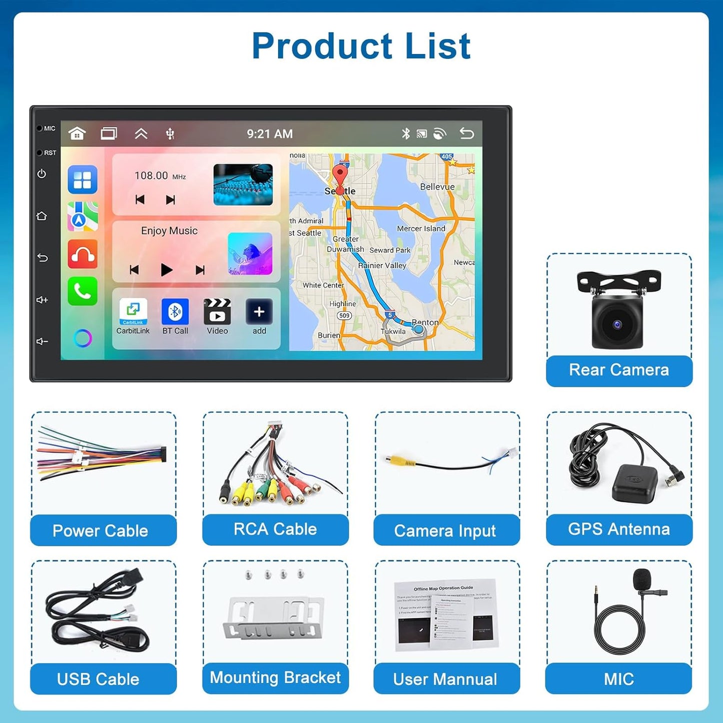 Android 15 2-DIN Autoradio – Multimedia Systeem – Auto Stereo – Navigatie Systeem – Draadloze CarPlay – 7 Inch Touchscreen – 4 GB RAM 64 GB Opslag – Met AHD Achteruitrijcamera & Microfoon