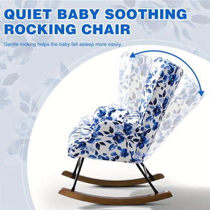 Schommelstoel – Relaxstoel – Fauteuil – Voedingsstoel – Loungestoel – Met Faux-Linnen Metalen Frame – Stevig Beukenhouten Onderstel – Zacht Kussen – Comfortabele Kinderstoel Blauw