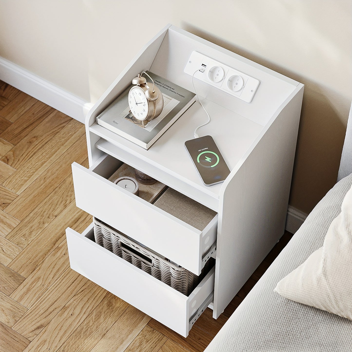 Nachtkastje – Bijzettafel – Ladekastje – Opbergkast – Nachtkast – Set Van 2 – Met LED-verlichting – USB- en Stopcontacten – Wit – 35x40x58 cm – Spaanplaat
