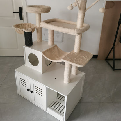 Kattenboom – Krabpaal – Speelhuis – Kattenmeubel – Kattentoren – Wit – Verborgen Kattenbak – Stevige Houten Constructie