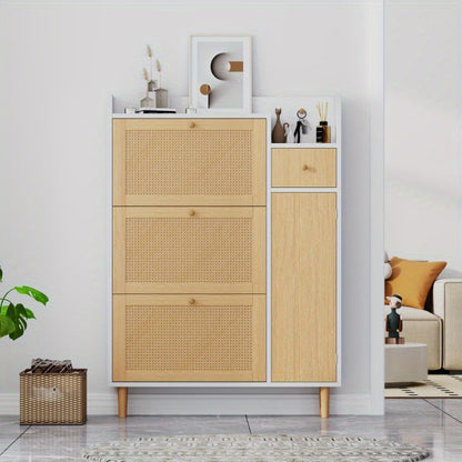 Schoenenkast – Schoenopberger – Schoenrek – Schoenmeubel – Halmeubel – Rattan Opbergkast Met 3 Kleppen – Smal Design Voor Kleine Ruimtes 90x125x17cm