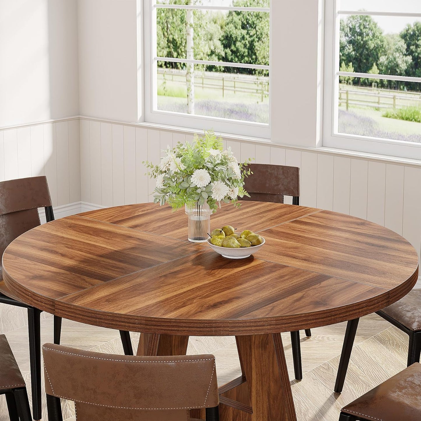 Ronde Eettafel – Keukentafel – Tafel – Eetkamertafel – Ronde Tafel – 120 cm Diameter – Stevig MDF Met Zwart Metalen X-Poot – Landelijke Bruine Afwerking
