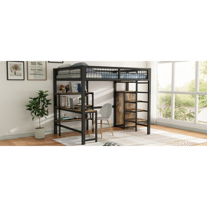 Hoogslaper Bed – Stapelbed – Halfhoogslaper – Bedframe – Bed met Bureau – 140x200 cm – Metaal en MDF – Met Opbergruimte en Kledingkast – Zwart