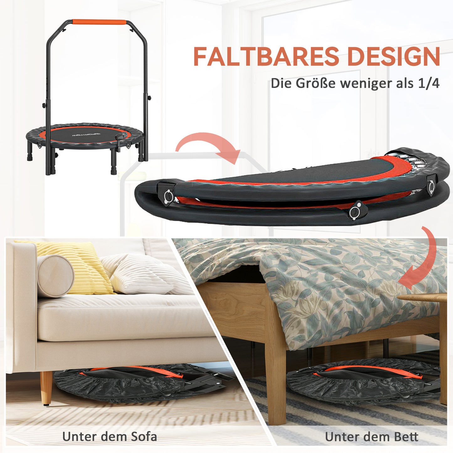 Mini Trampoline – Fitness Trampoline – Jumping Trampoline – Springmat – Trainingsapparaat – Verstelbare Handgreep 99-123 cm – LCD Monitor – Stalen Frame – Zwart/Rood – Ø102 cm