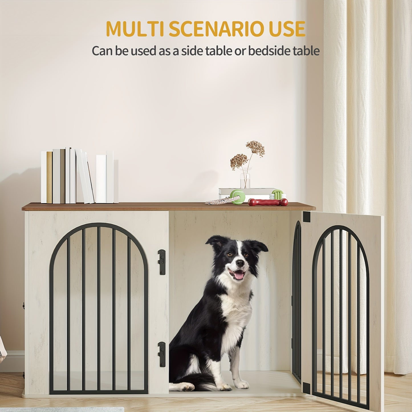 Dog Crate Furniture, 108 Cm Dog Crate For Home, 3 Doors, Arched Door, Modern Indoor Dog Crate For Dogs, Side Table, Heavy-Duty Dog Crate, 108 X 64 X 76 Cm