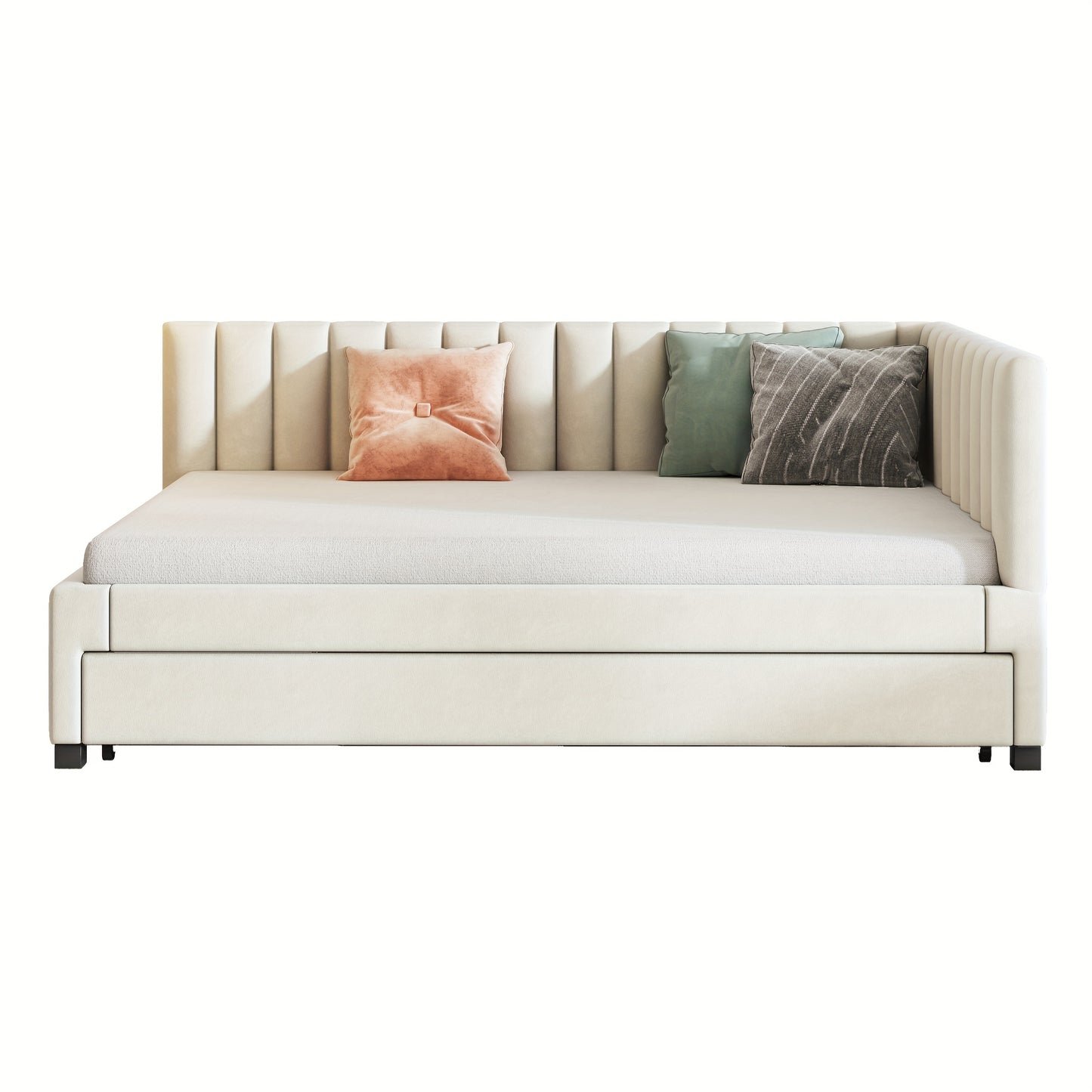 Gestoffeerd Bed 140x200 – Uittrekbaar Bed – Slaapbank – Multifunctioneel Bed – Logeerbed – Beige Fluweel – Lattenbodem – Ruimtebesparend