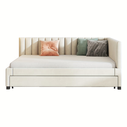 Gestoffeerd Bed 140x200 – Uittrekbaar Bed – Slaapbank – Multifunctioneel Bed – Logeerbed – Beige Fluweel – Lattenbodem – Ruimtebesparend